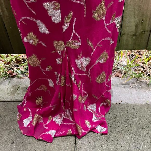 Vintage 80s THE SILK FARM Dolman Long Dress Fuchsia Chiffon Gold Silver Lame S - Picture 4 of 12